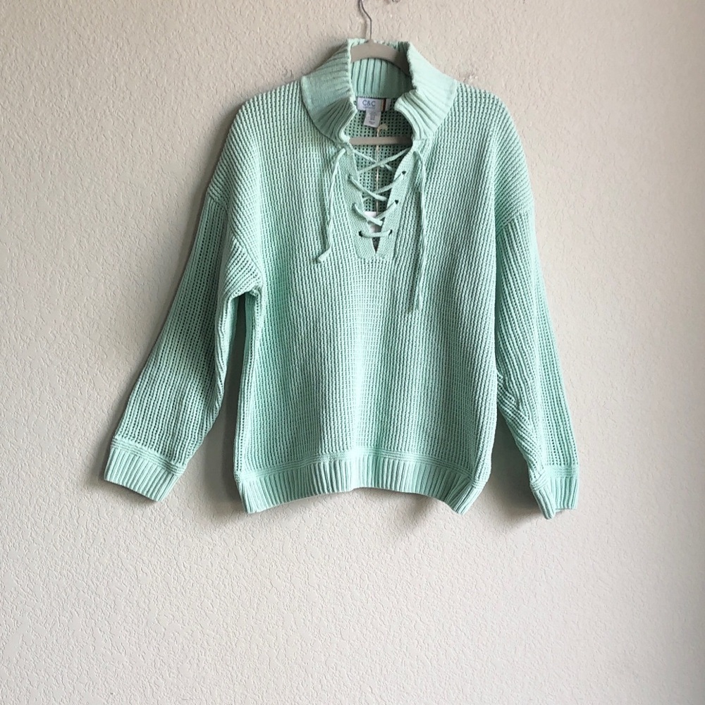 New C&C California Open Knit Lace Neck Pullover Top Seafoam XL